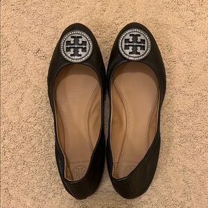 Tory Burch Black Flats with Iconic Logo and Cushioned Sole With Sparkle Emblem